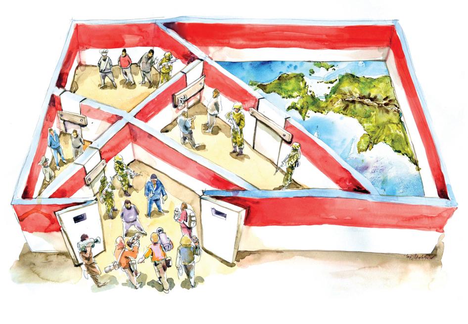 Cartoonist's depiction of Indonesian government restrictions on media freedom and rights monitoring in Papua. Copyright 2015 Toni Malakian for Human Rights Watch