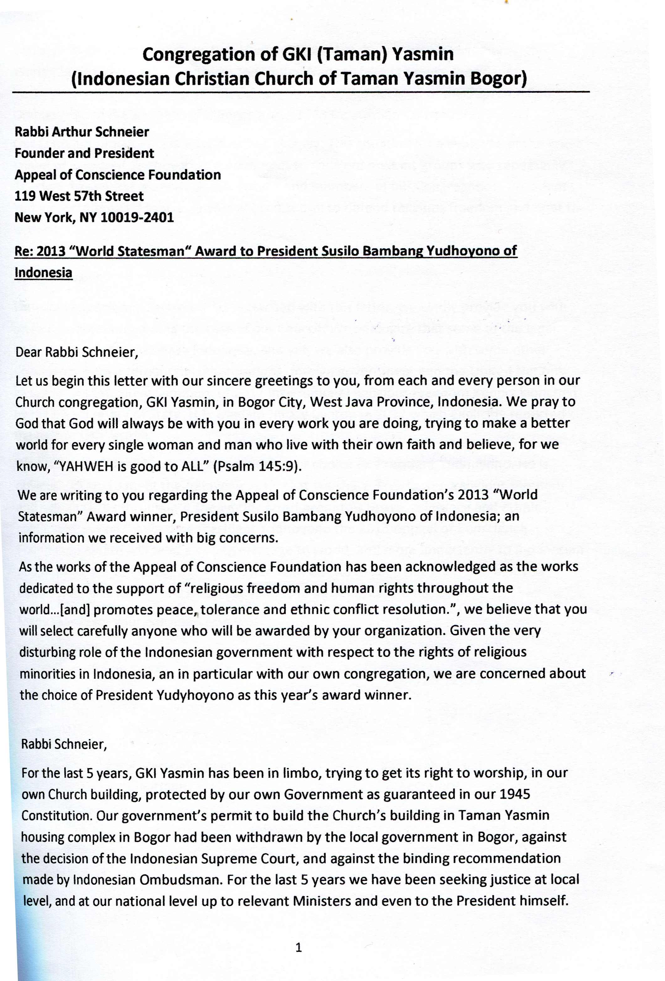 Letter from Congregation GKI (Taman) Yasmin page 1